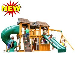 Complex de joaca Aventura din lemn de cedru Adventure Bend  Playset KidKraft - Centru cu 3 tobogane si 2 nivele 